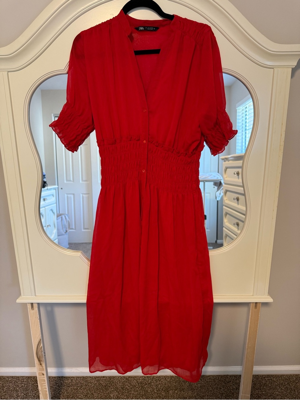 Zara Red Shirred Waist Midi Dress